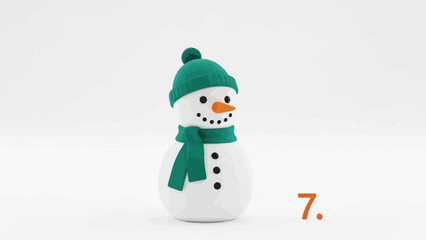 A cute cartoon snowman, numbered 7, wears a green beanie and matching scarf, featuring a carrot nose and coal smile, against a bright white background