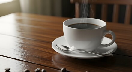 Obraz premium Steaming coffee cup on wooden table ready to enjoy