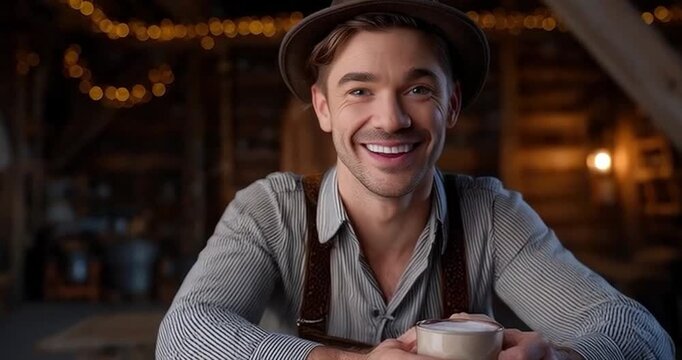 Man smiling with cup indoors