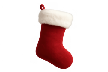 Festive red christmas stocking with a white faux fur cuff, ready for santa's gifts, celebrating holiday traditions. Transparent background
