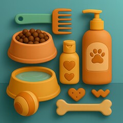 A soft 3D scene featuring a neatly arranged pet-care kit food bowls, grooming brushes, shampoo bottles, treats, and a toy ball. Layered shapes, gentle shadows, and playful color tones