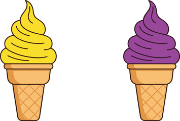Colorful soft serve ice cream cones with yellow and purple flavors, cute flat vector dessert illustration for summer design