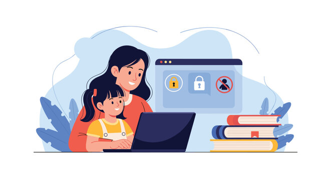 Mother and daughter learn safe online practices together using a laptop while a secure browser window and books sit nearby for guidance.