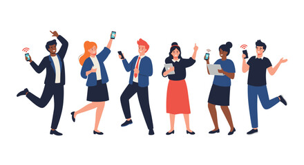 Obraz premium Diverse group of coworkers celebrating together using smartphones and tablets in a bright modern office setting full of energy and teamwork.