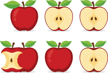 Apple fruit vector set with whole halved and bitten apples, fresh red food illustration icons collection