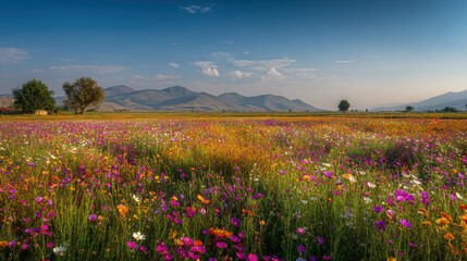 Fototapeta premium A beautiful field with colorful flowers in full bloom, under a clear blue sky, with gentle sunlight illuminating the scene, creating a serene and picturesque landscape. 