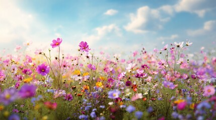 Obraz premium A beautiful field with colorful flowers in full bloom, under a clear blue sky, with gentle sunlight illuminating the scene, creating a serene and picturesque landscape. 