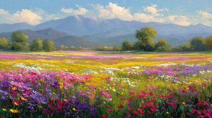 Obraz premium A beautiful field with colorful flowers in full bloom, under a clear blue sky, with gentle sunlight illuminating the scene, creating a serene and picturesque landscape. 