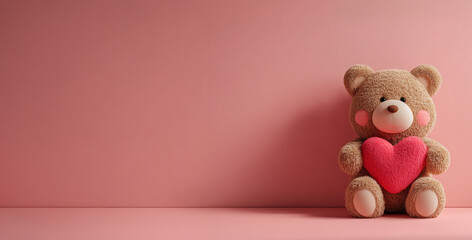 Cute Teddy Bear Holding a Heart on Pink Background with Copy Space created with Generative AI Technology, ai, generative