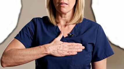 Healthcare Professional Demonstrating Cardiac Alert Gesture in Medical Environment