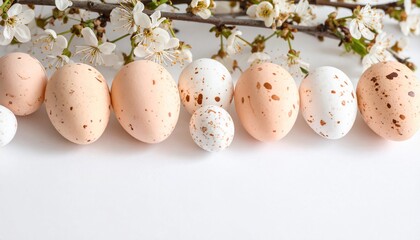 Easter eggs with speckles and white flowers on a white surface, springtime and holiday theme