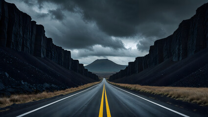 Landscape photograph very long straight road dark rocky cliffs mountain ominous clouds dramatic foreboding yellow lines travel generative AI
