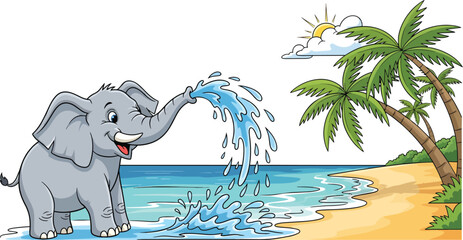 Playful gray elephant spraying water with trunk.