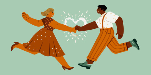 A joyful couple running toward each other hands almost touching with sparks