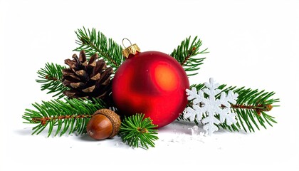 Festive Christmas decoration arrangement with red bauble pine cone acorn and snowflake.