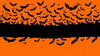 Swarm of flying bats silhouette halloween background orange and black pattern festive holiday scenery white background