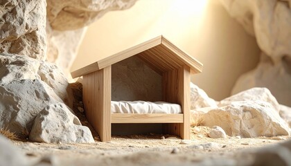 Minimalist close-up of an empty wooden manger inside a stone cave, soft golden light from above