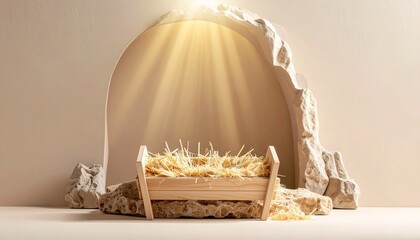 Minimalist close-up of an empty wooden manger inside a stone cave, soft golden light from above