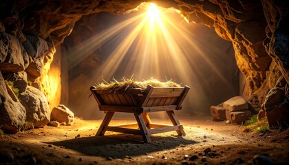 Close-up of an empty wooden manger inside a quiet Bethlehem cave