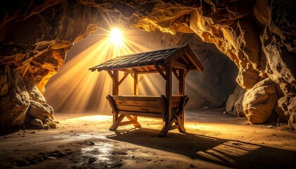 Close-up of an empty wooden manger inside a quiet Bethlehem cave