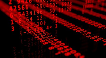 Red numeric data streams down a black screen in a digital abstract matrix representation