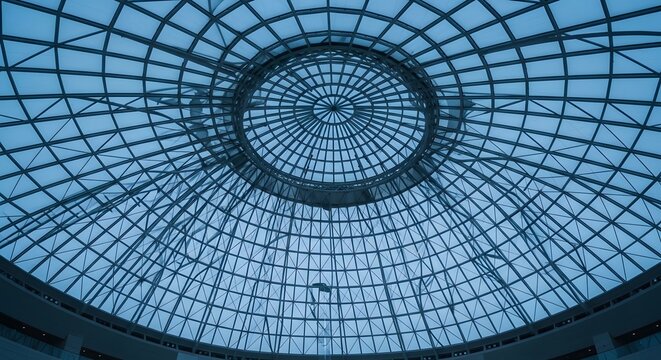 View of a geodesic dome with a circular pattern and a blue hue from an interior perspective