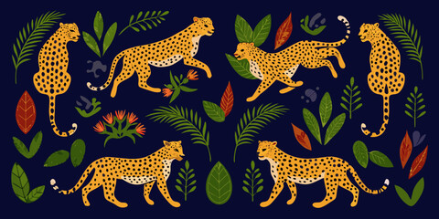 Stylized cheetahs amidst lush tropical foliage in a vibrant artistic composition © Raju