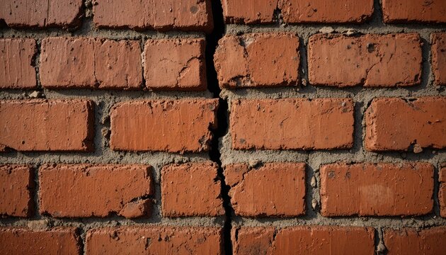 Urgent structural repair needed showing crack in red brick wall, foundation problems, building inspection, home repair, real estate problem, and renovation