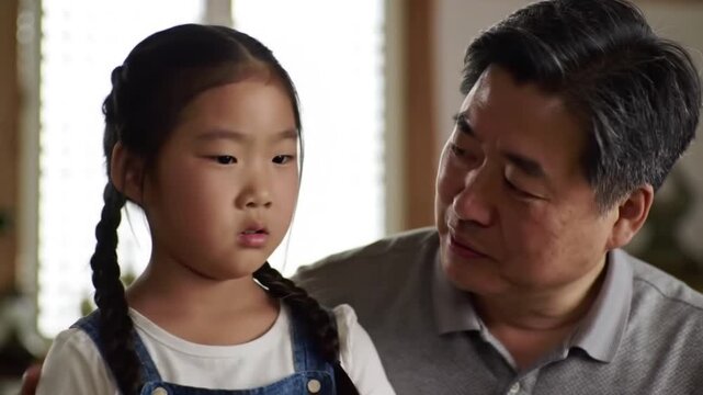 Grandfather Comforting Young Asian Girl with Braids Indoors
