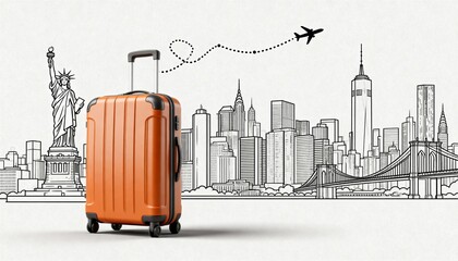 New York Travel Concept with Suitcase and Line Art Skyline