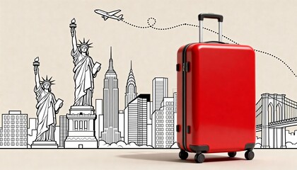 New York Travel Concept with Suitcase and Line Art Skyline