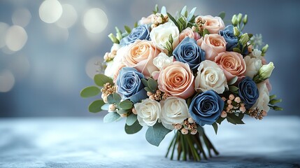 Elegant wedding bouquet with navy blue and white roses, golden peonies, and soft leaves in natural light