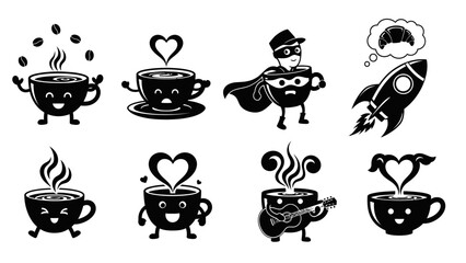 Adorable cartoon coffee cups set showing various happy characters including superhero cup singing cup and rocket icon suggesting caffeine boost ready for branding packaging or fun print designs