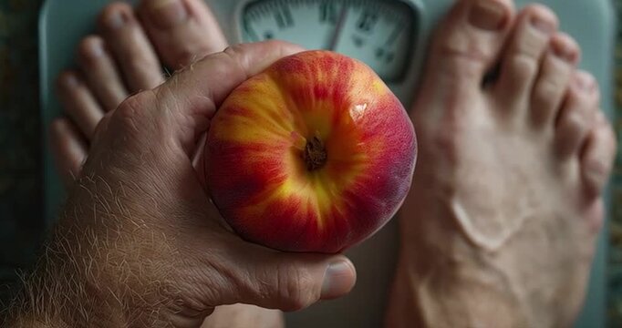 Person holding fruit on bathroom scale health and wellness concept