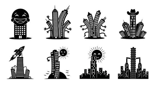 Black and white cartoon illustrations featuring funny skyscrapers with smiling faces cowboy hats waving arms and a sun character representing lively urban life and animated cityscapes