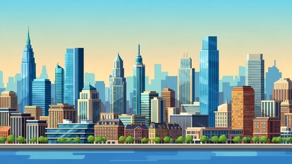 Fototapeta premium Flat design illustration of a vibrant city skyline at day, reflected in a calm river. Features modern skyscrapers, historic buildings, and tree-lined waterfront ideal for business, travel, or urban 