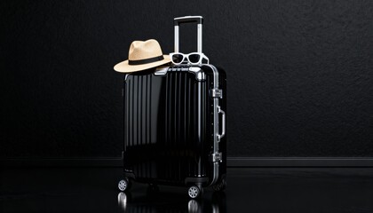 Luxury Black Suitcase with Hat and Sunglasses on Minimal Studio Background