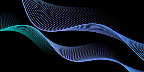 abstract wavy lines background. Vector wave lines smooth flowing dynamic blue green gradient light isolated on black background.