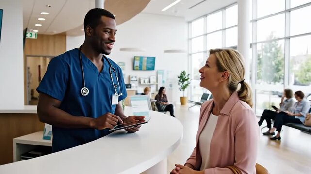 Healthcare Professionals Engaging in Patient Consultation at Modern Hospital Reception Area