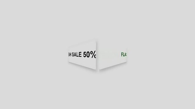 Flash Sale 50 Off Promotion with Dynamic Text Animation on White Background.
