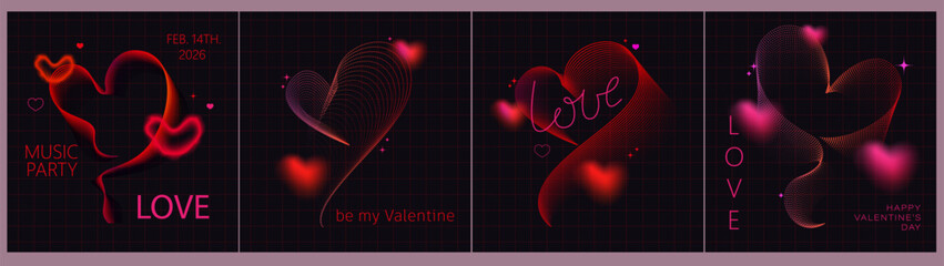 Valentine's day posters, covers, cards set. Line art hearts with dotts. Heart-shaped curves. Brutalist style gradient line heart. Bright neon shades. Love party flyer, music festival concept