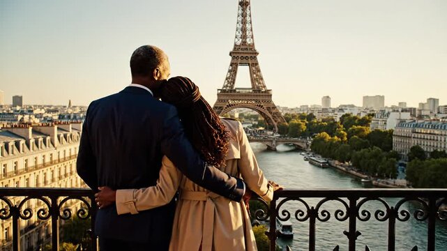 Romantic couple embraces on a Paris balcony, overlooking the Seine and the Eiffel Tower in daylight