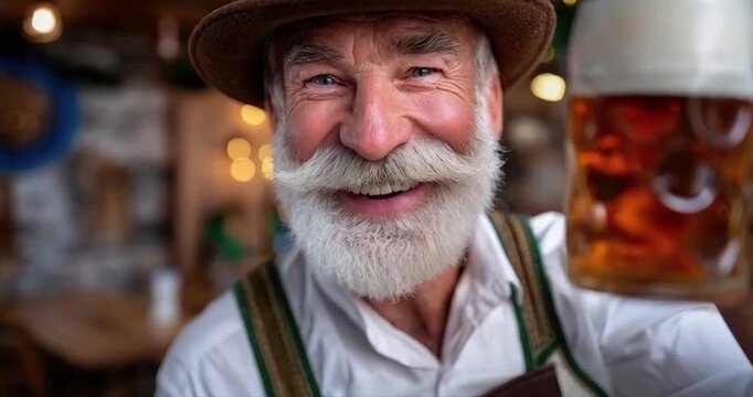 Senior man holding beer mug smiling indoors