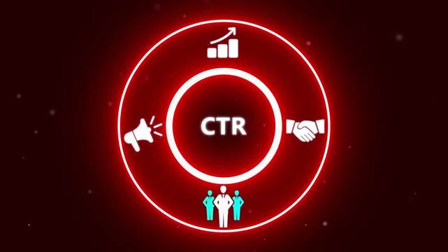 Neon Circle with CTR Text and Marketing Icons on Dark Red Background click through rate advertising