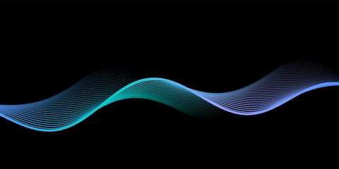 abstract wavy lines background. Vector wave lines smooth flowing dynamic blue green gradient light isolated on black background.