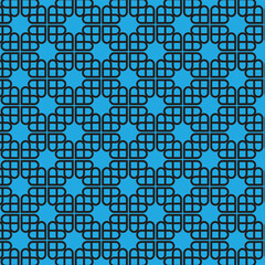 This image displays a repeating geometric pattern against a vibrant blue background. The pattern consists of dark, symmetrical shapes arranged in a precise grid. Each primary shape resembles 