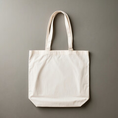 Tote bag laying on gray surface. White reusable shopping bag. Mockup for design and branding