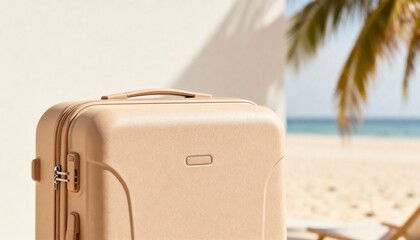 Beige Suitcase on Tropical Beach with Palm Trees
