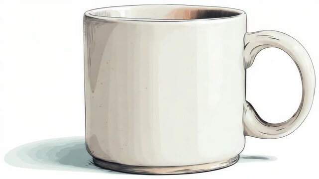 White ceramic coffee mug shown in a hand-drawn sketch style on a plain white background, concept of simplicity and kitchen essentials