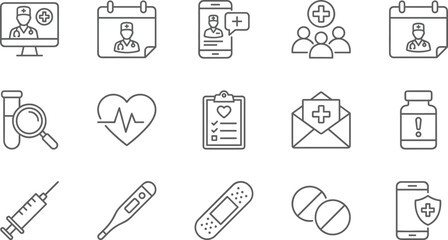 Healthcare and Medical Line Icons Set: Doctor, Appointment, Heart Rate, Telemedicine, Test Tube, and Health Care Symbols for Digital Design Vector Collection